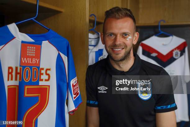 Jordan Rhodes is unveiled as Huddersfield Town's latest signing at Canalside Training Ground on May 12, 2021 in Huddersfield, England.