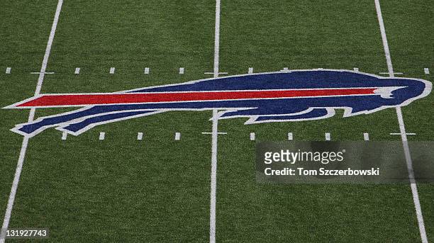 View of the Buffalo Bills logo at midfield before their NFL game against the New York Jets at Ralph Wilson Stadium on November 6, 2011 in Orchard...
