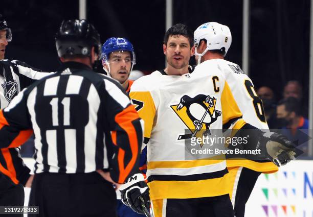 Sidney Crosby of the Pittsburgh Penguins skates against the New York Islanders in Game Three of the First Round of the 2021 Stanley Cup Playoffs at...