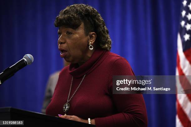 Gwen Carr, the mother of Eric Garner, speaks during a press conference announcing legislation to reform police use of force laws in Manhattan on May...