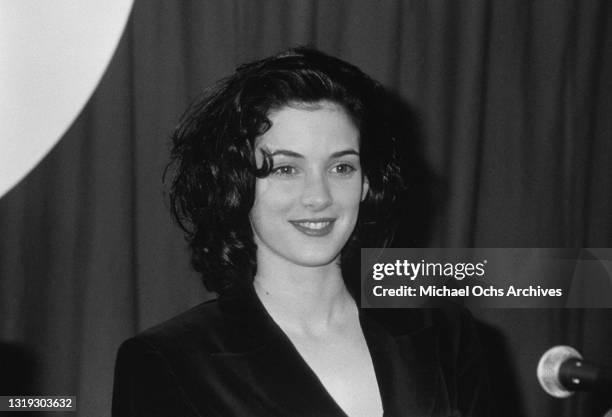 American actress Winona Ryder in the press room of the 1990 ShoWest Awards, held at Bally's Las Vegas Hotel & Casino in Las Vegas, Nevada, 8th...