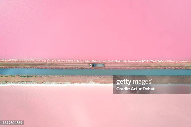 pink lagoon textures seen from above in the salt flats of the nature reserve in spain. - lagune stockfoto's en -beelden