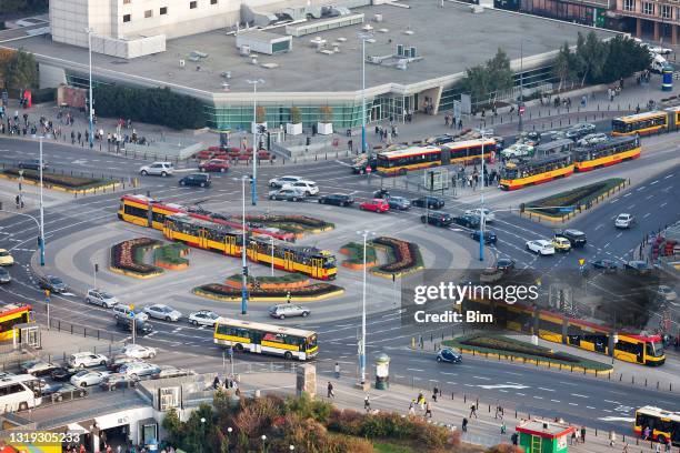 warsaw city center, roundabout, aerial view - warsaw bus stock pictures, royalty-free photos & images