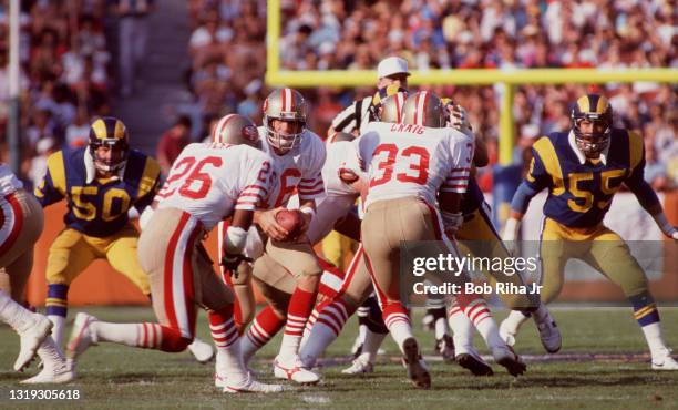 San Francisco 49'ers QB Joe Montana during game action against the Los Angeles Rams, October 27, 1985 in Anaheim, California.