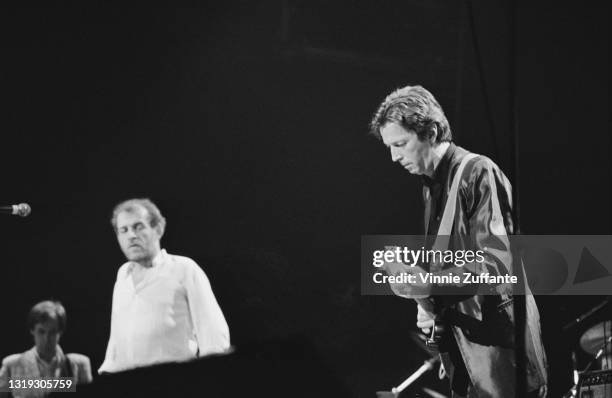 British singer Joe Cocker and British singer-songwriter and guitarist Eric Clapton at the Ronnie Lane ARMS Benefit Concert at Madison Square Garden...