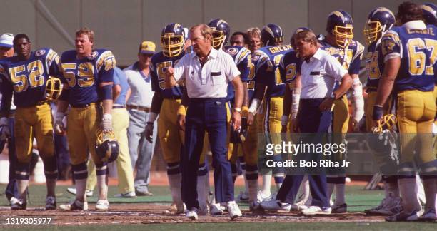 Circ. 1980's, San Diego Chargers Head Coach Don Coryell from 1978-1986, on the sidelines during football game in Los Angeles, California during...