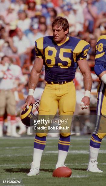 Los Angeles Rams defensive end Jack Youngblood during a pause in game action, October 27, 1985 in Anaheim, California.