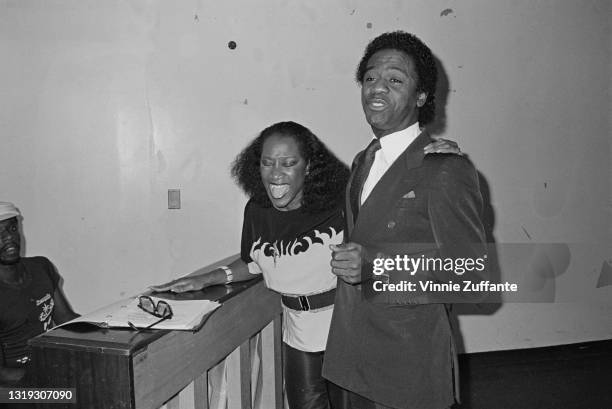 American singer-songwriter and actress Patti LaBelle with American singer-songwriter Al Green during rehearsals for the gospel stage musical 'Your...