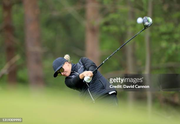 Amy Boulden of Wales plays her tee shot on the second hole during the Rose Ladies Series on The Blue Course at The Berkshire Golf Club on May 21,...