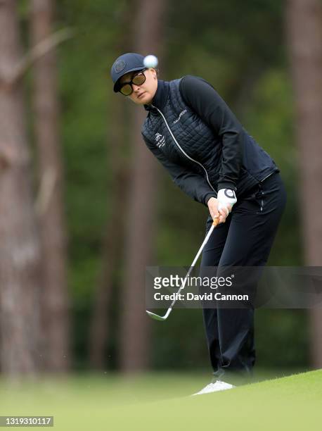 Amy Boulden of Wales plays her second shot on the first hole during the Rose Ladies Series on The Blue Course at The Berkshire Golf Club on May 21,...