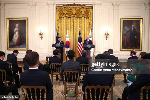 President Joe Biden and South Korean President Moon Jae-in participate in a joint press conference in the East Room of the White House on May 21,...