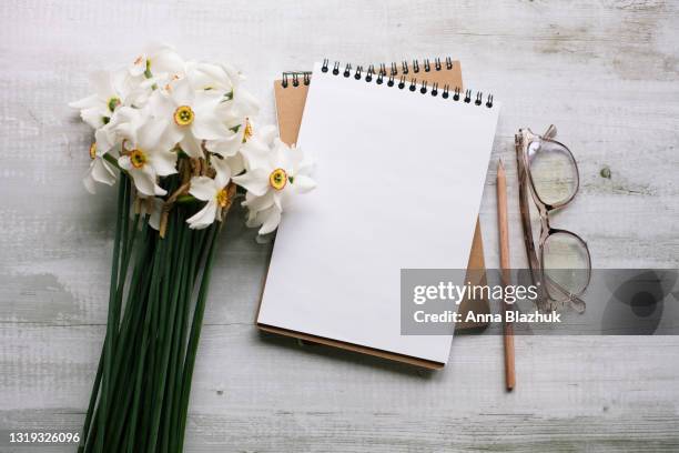 bunch of spring white daffodil flowers, note pad with blank page, eyeglasses and pencil over gray rustic background. greeting card for spring holidays, mother's day. - pencil skirt beautiful bildbanksfoton och bilder