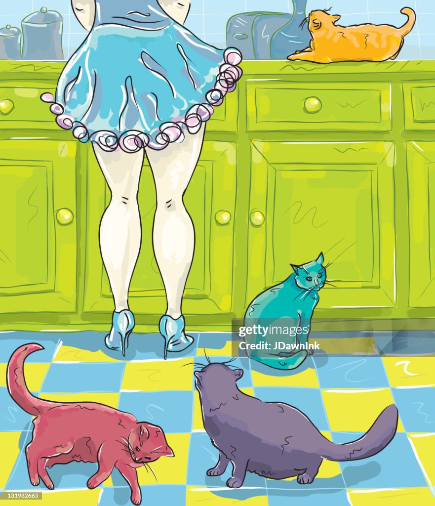 Woman wearing high heel shoes in the kitchen with cats