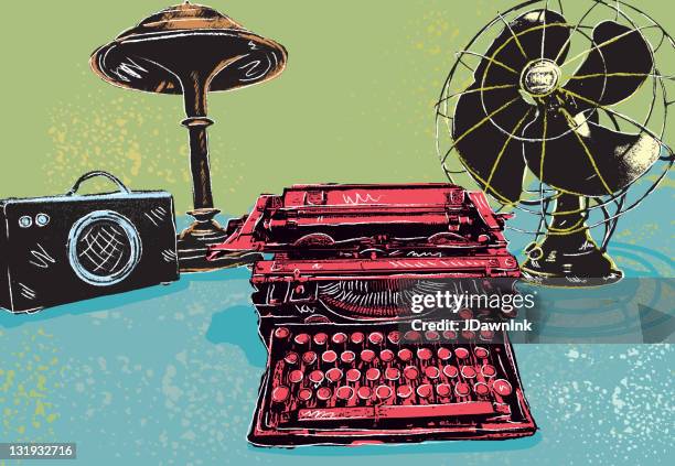 retro styled drawing of assorted vintage desk items - typewriter vector stock illustrations