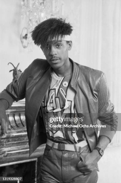 American singer-songwriter and dancer Jeffrey Daniel, of R&B group Shalamar, attends a party hosted by 'Right On!' magazine, venue unspecified, in...