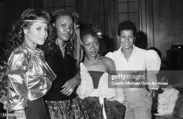 American singer La Toya Jackson, two unspecified female guests, and American singer Rebbie Jackson attend a party hosted by 'Right On!' magazine,...