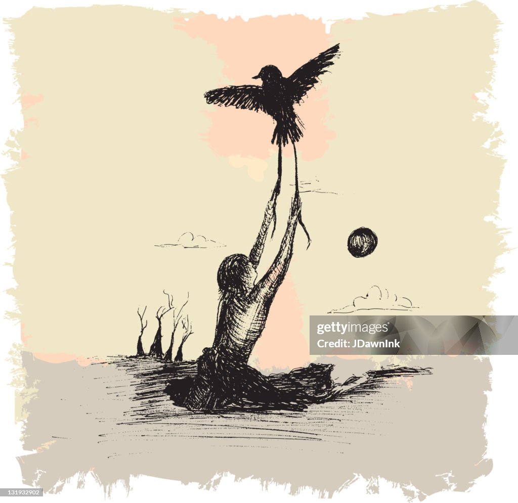 Bird taking flight and pulling person from earth