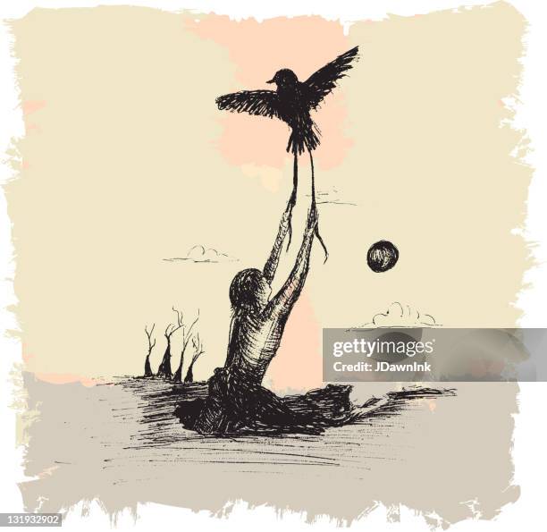 bird taking flight and pulling person from earth - phoenix mythical bird stock illustrations