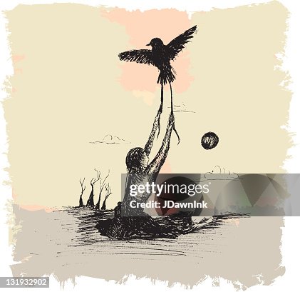 Bird taking flight and pulling person from earth Bird taking flight and pulling person from earth