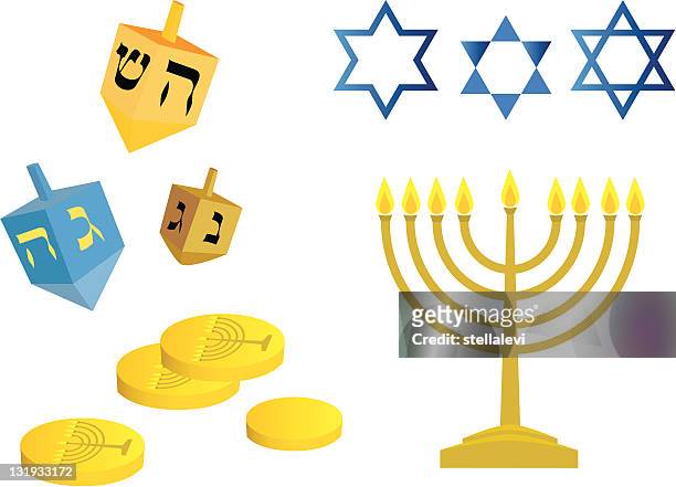 hanukkah dreidels, gelt and menorah - geld stock illustrations