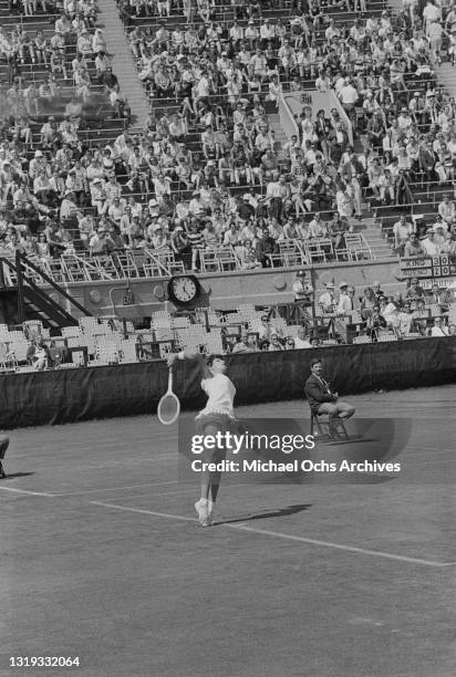 British tennis player Virginia Wade in action during the Women's Singles Final of the 1968 US Open, held at West Side Tennis Club in the Forest Hills...