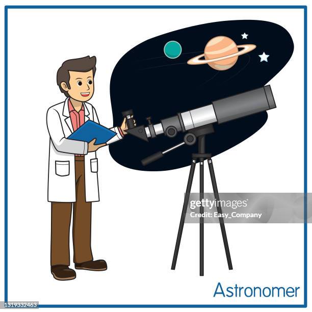 ilustraciones, imágenes clip art, dibujos animados e iconos de stock de ilustración vectorial del astrónomo aislado sobre fondo blanco. concepto de trabajos y ocupaciones. personajes de dibujos animados. educación y escuela niños colorear página, imprimible, actividad, hoja de trabajo, tarjeta flash. - astrónomo