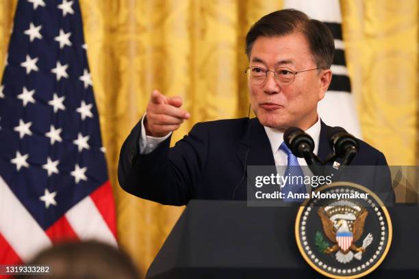 South Korean President Moon Jae-in speaks at a joint press conference with U.S. President Joe Biden in the East Room of the White House on May 21,...