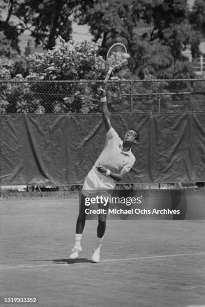 American tennis player Arthur Ashe in action during an unspecified match, or possibly the practice courts, at the 1968 US Open, held at West Side...