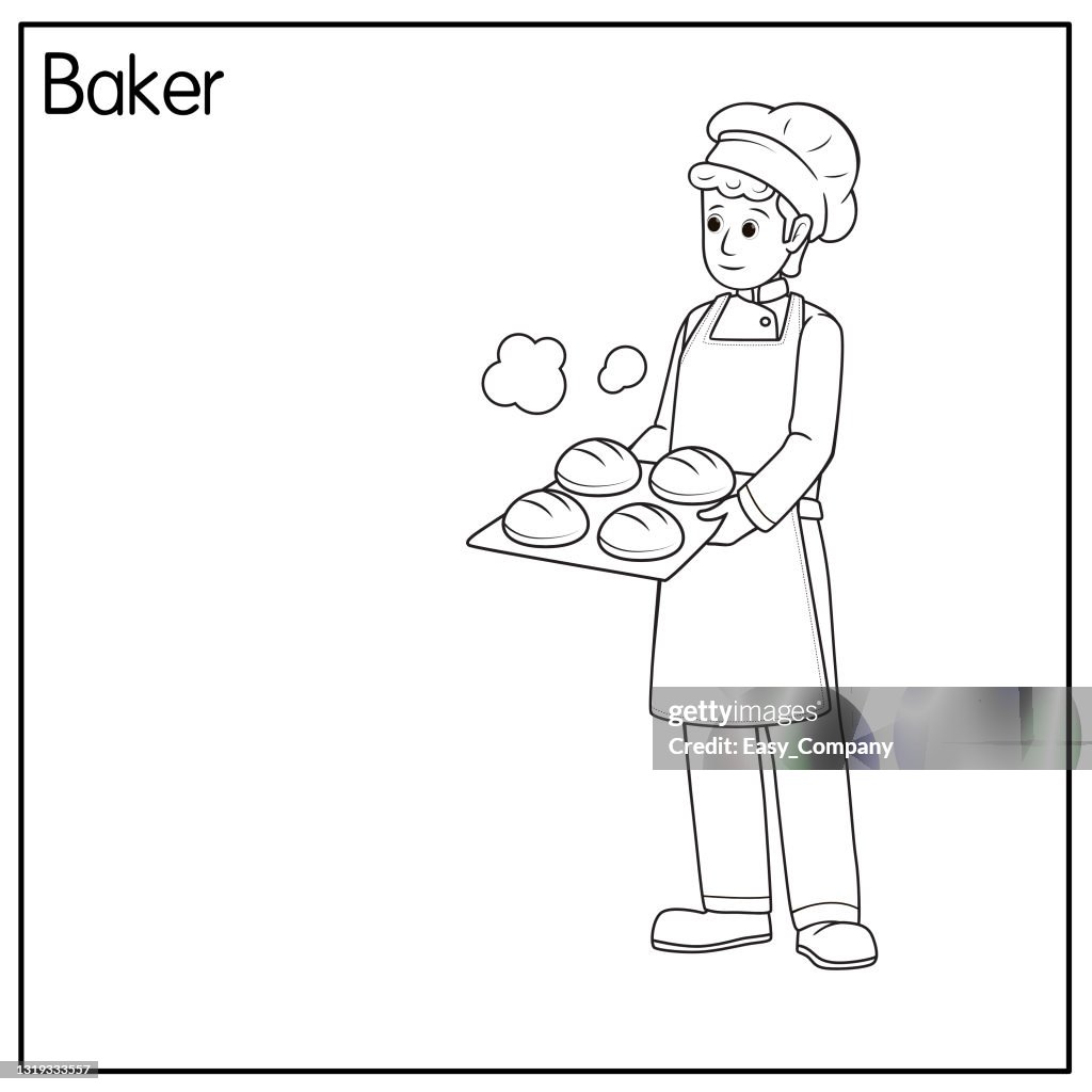 Illustration vectorielle du boulanger d’isolement sur le fond blanc. Concept d’emplois et de professions. Personnages de dessin animé. Page de coloriage éducation et écoliers, imprimable, activité, feuille de travail, flashcard.