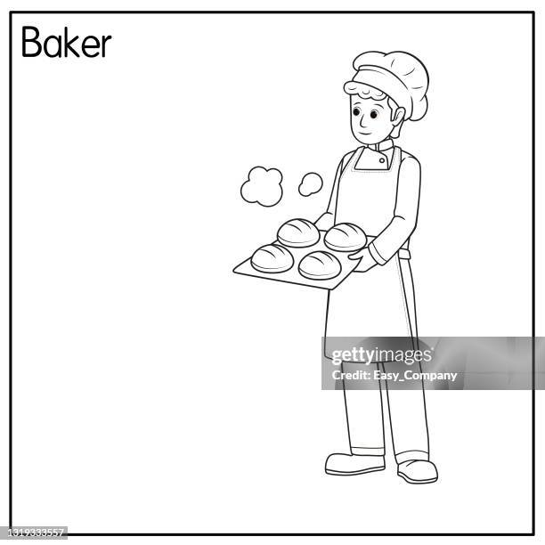 vector illustration of baker isolated on white background. jobs and occupations concept. cartoon characters. education and school kids coloring page, printable, activity, worksheet, flashcard. - school cafeteria table stock illustrations