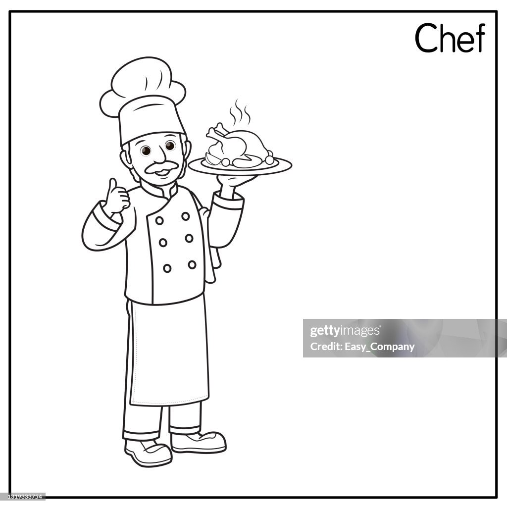 Vector illustration of chef, cook isolated on white background. Jobs and occupations concept. Cartoon characters. Education and school kids coloring page, printable, activity, worksheet, flashcard.