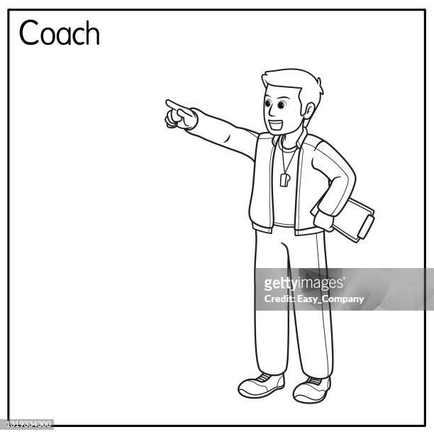 vector illustration of trainer coach isolated on white background. jobs and occupations concept. cartoon characters. education and school kids coloring page, printable, activity, worksheet, flashcard. - coach playbook stock illustrations