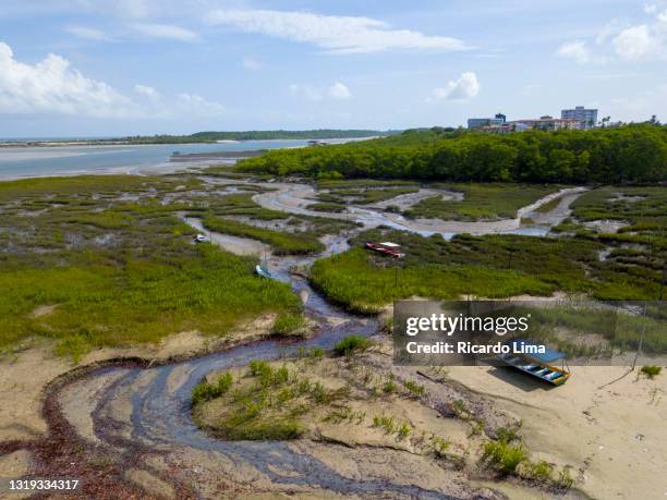 aerial view of boats in mangrove area during low tide, amazon region, brazil - brazil aerial stock pictures, royalty-free photos & images