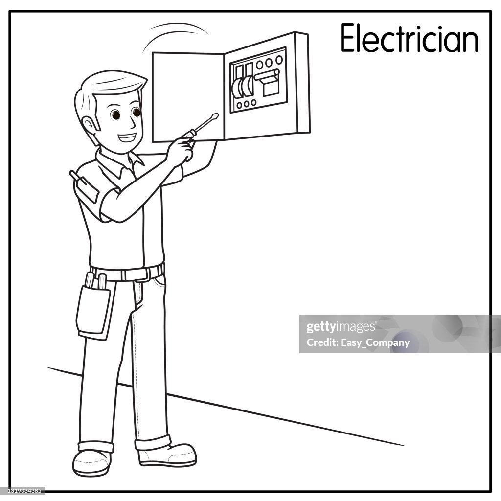 Vector Illustration Of Electrician Mechanic Isolated On White Background  Jobs And Occupations Concept Cartoon Characters Education And School Kids  Coloring Page Printable Activity Worksheet Flashcard High-Res Vector  Graphic - Getty Images