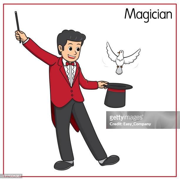 vector illustration of magician isolated on white background. jobs and occupations concept. cartoon characters. education and school kids coloring page, printable, activity, worksheet, flashcard. - hand magic wand stock illustrations