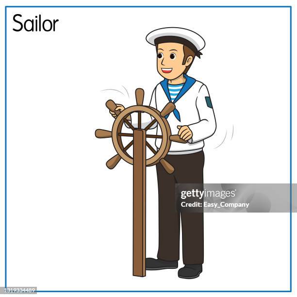 vector illustration of sailor isolated on white background. jobs and occupations concept. cartoon characters. education and school kids coloring page, printable, activity, worksheet, flashcard. - vintage sailor stock illustrations