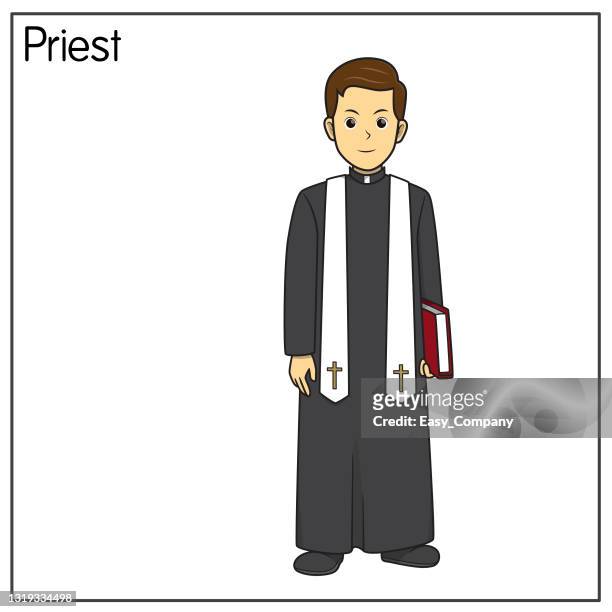 vector illustration of priest isolated on white background. jobs and occupations concept. cartoon characters. education and school kids coloring page, printable, activity, worksheet, flashcard. - pastor stock illustrations