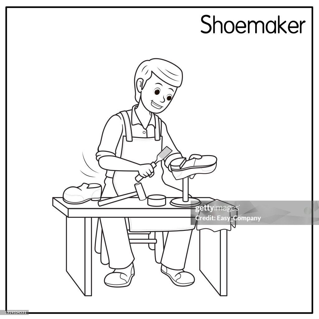 Ilustración vectorial de un zapatero, zapatero aislado sobre fondo blanco. Concepto de trabajos y ocupaciones. Personajes de dibujos animados. Educación y escuela niños colorear página, imprimible, actividad, hoja de trabajo, tarjeta flash.