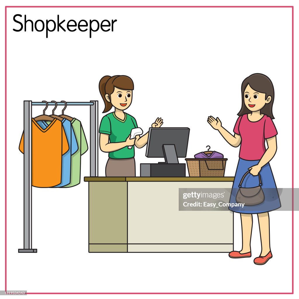 Vector Illustration Of Shopkeeper Isolated On White Background Jobs And  Occupations Concept Cartoon Characters Education And School Kids Coloring  Page Printable Activity Worksheet Flashcard High-Res Vector Graphic - Getty  Images