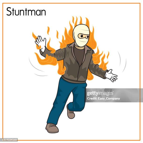 ilustrações de stock, clip art, desenhos animados e ícones de vector illustration of stuntman isolated on white background. jobs and occupations concept. cartoon characters. education and school kids coloring page, printable, activity, worksheet, flashcard. - daredevils and stunts