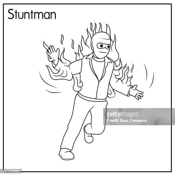 ilustrações de stock, clip art, desenhos animados e ícones de vector illustration of stuntman isolated on white background. jobs and occupations concept. cartoon characters. education and school kids coloring page, printable, activity, worksheet, flashcard. - daredevils and stunts