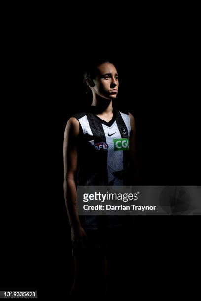 Proud Ningy Ningy woman Aliesha Newman poses during a portrait session in the Collingwood Magpies 2021 Sir Douglas Nicholls AFL Round Indigenous...