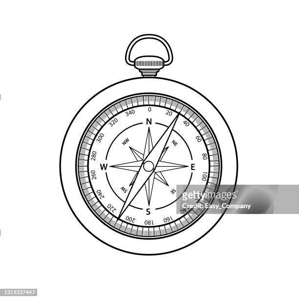 vector illustration of compass isolated on white background. black and white for coloring. school things and accessories concept. education and school kids coloring page, printable, activity, worksheet, flash card. - orienteering stock illustrations