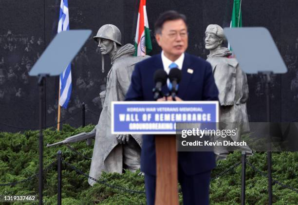 President Moon Jae-in of the Republic of Korea speaks at the groundbreaking ceremony for the Wall of Remembrance at the Korean War Veterans Memorial...