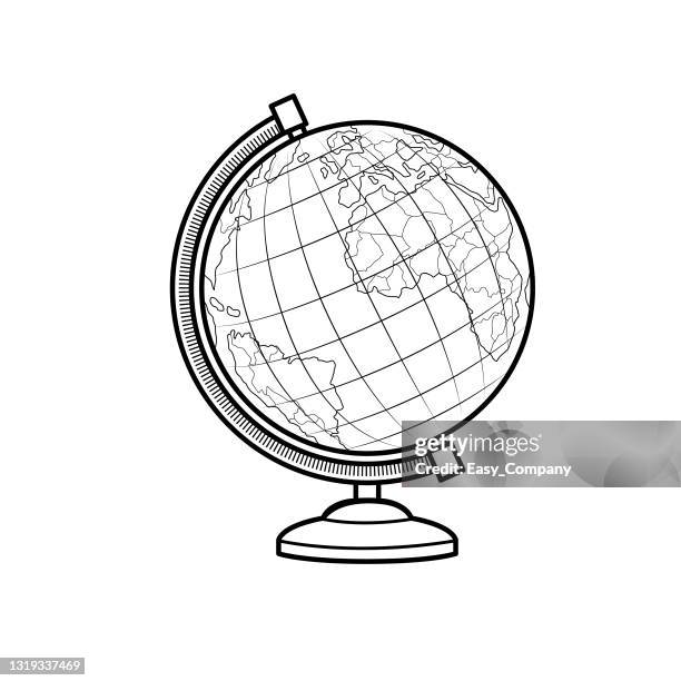 illustrazioni stock, clip art, cartoni animati e icone di tendenza di illustrazione vettoriale del globo isolato su sfondo bianco. bianco e nero per la colorazione. concetto di cose scolastiche e accessori. istruzione e materiale scolastico, pagina da colorare per bambini, stampabile, attività, foglio di lavoro, scheda flas - longitude