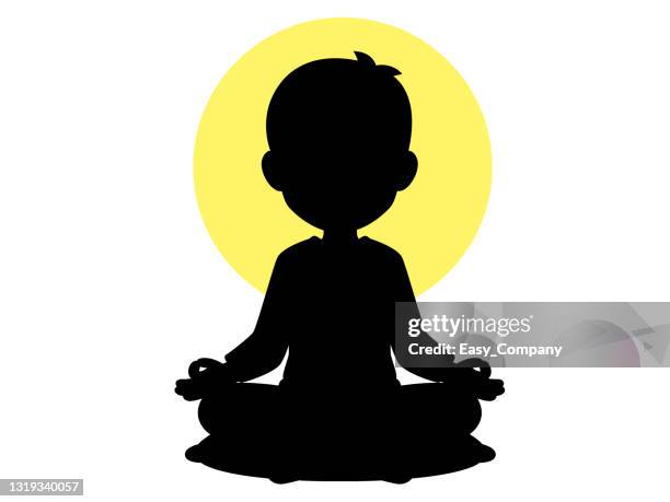 cartoon image of a man sitting in a sitting posture practicing meditation with a yellow light surrounding - concentration icon stock illustrations