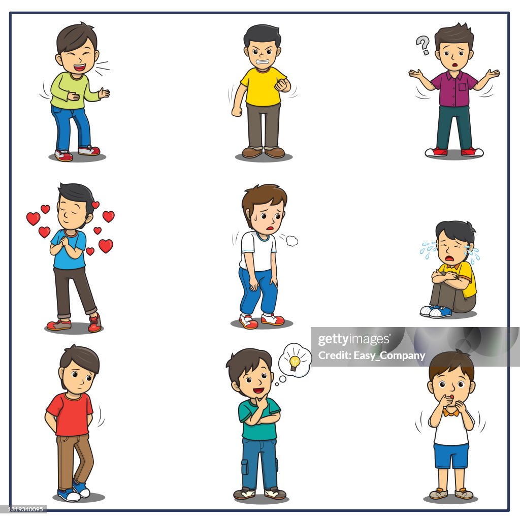 Set of a cute boy showing different emotions stock illustration, Vector illustration for preschool and home training for parents and teachers.