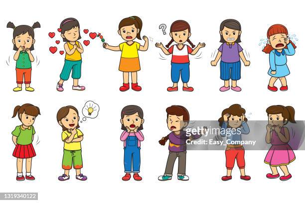 set of a cute girl showing different emotions stock illustration, vector illustration for preschool and home training for parents and teachers. - kid thinking stock illustrations