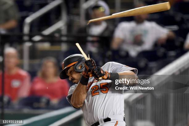 Anthony Santander of the Baltimore Orioles breaks his bat during the ninth inning against the Washington Nationals at Nationals Park on May 21, 2021...