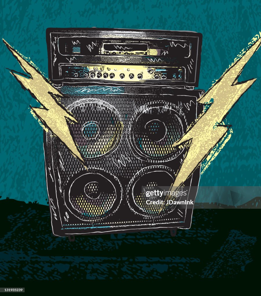 Retro drawing of guitar amplifier with lighting bolts